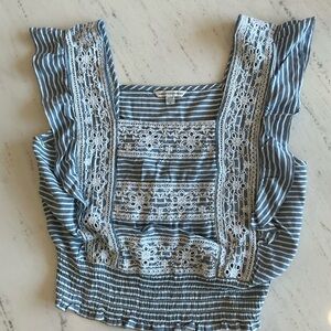 American Eagle Outfitters Blue Ruffled Cropped Blouse with Bib Collar